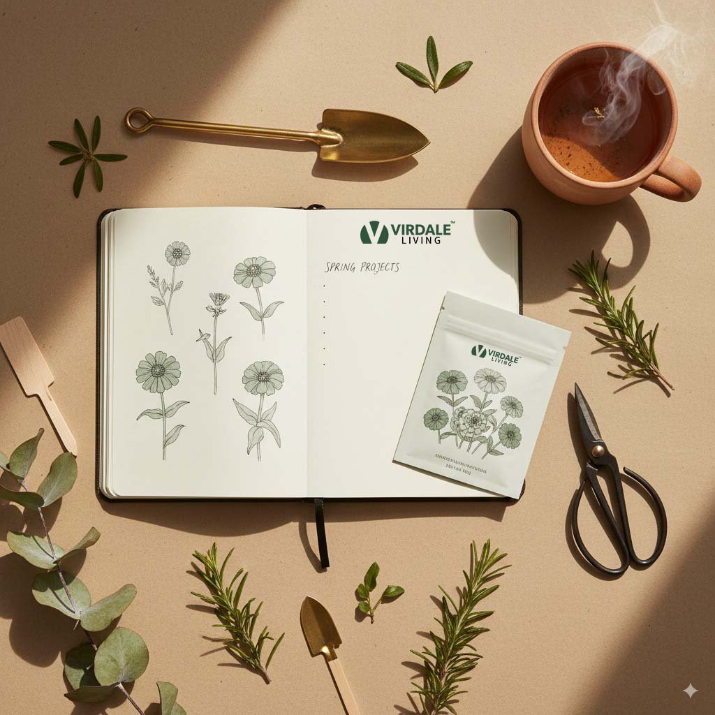 Flatlay with gardening notebook, seed packet, tools, and tea cup representing Virdale Living guides and starter kits