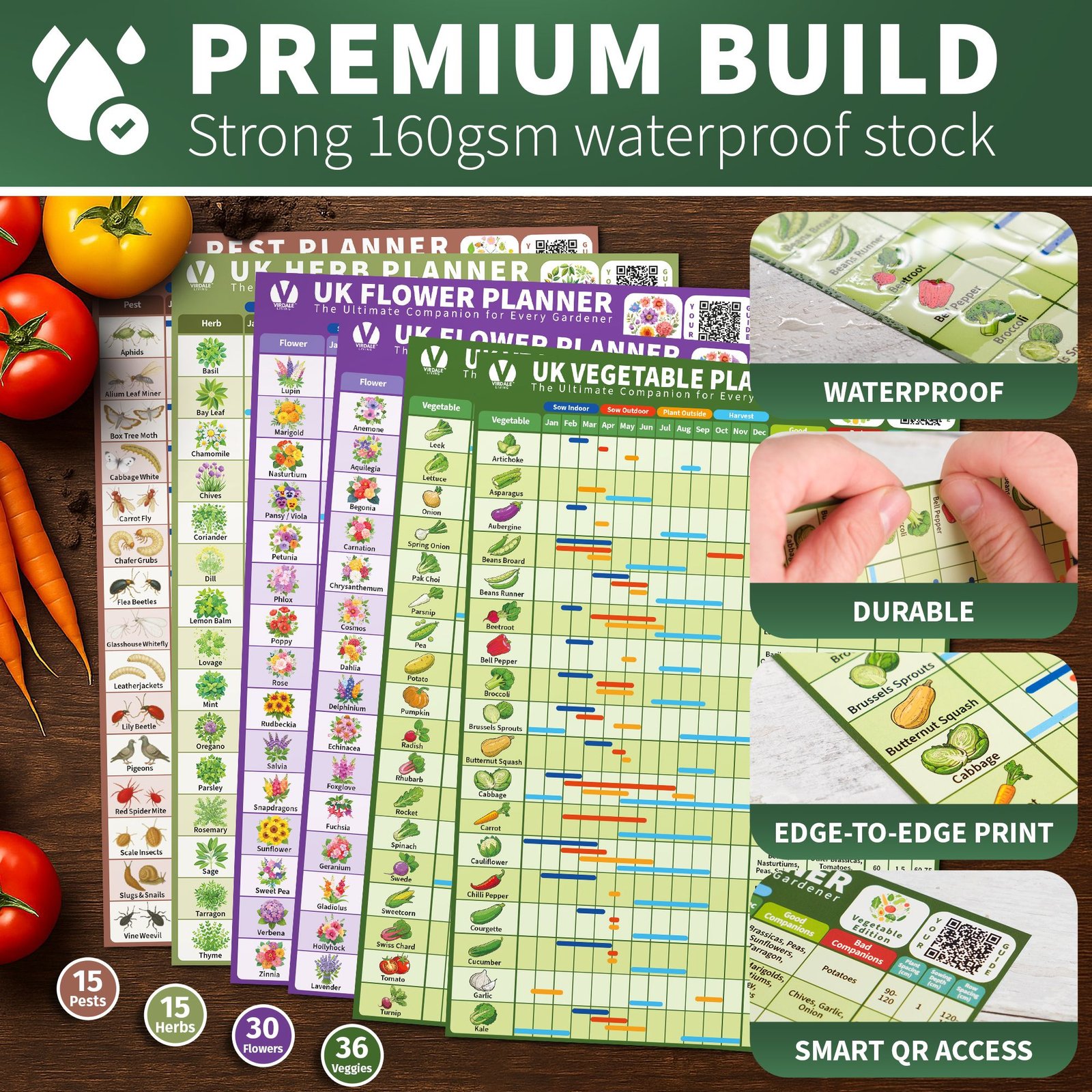 Virdale Garden Planner Set UK close-up infographic showing waterproof tearproof premium paper