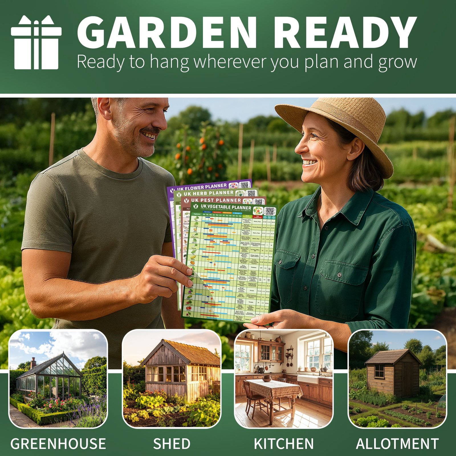 Virdale Garden Planner Set UK lifestyle photo showing the planner used in a greenhouse, shed, kitchen, and allotment settings
