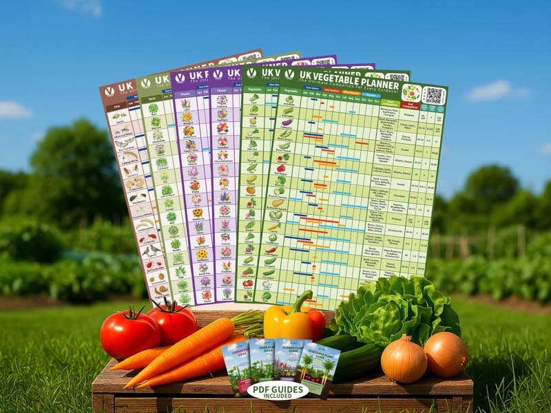 UK garden planner set displayed outdoors with vegetables in front — vegetable, flower, herb and pest guides by Virdale.