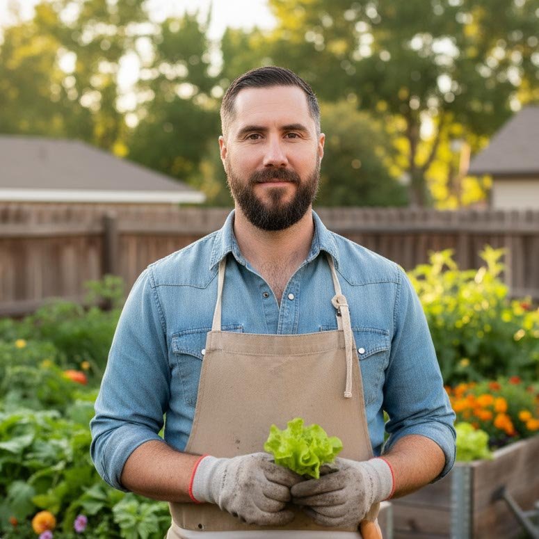 Gardener holding lettuce in a vegetable garden