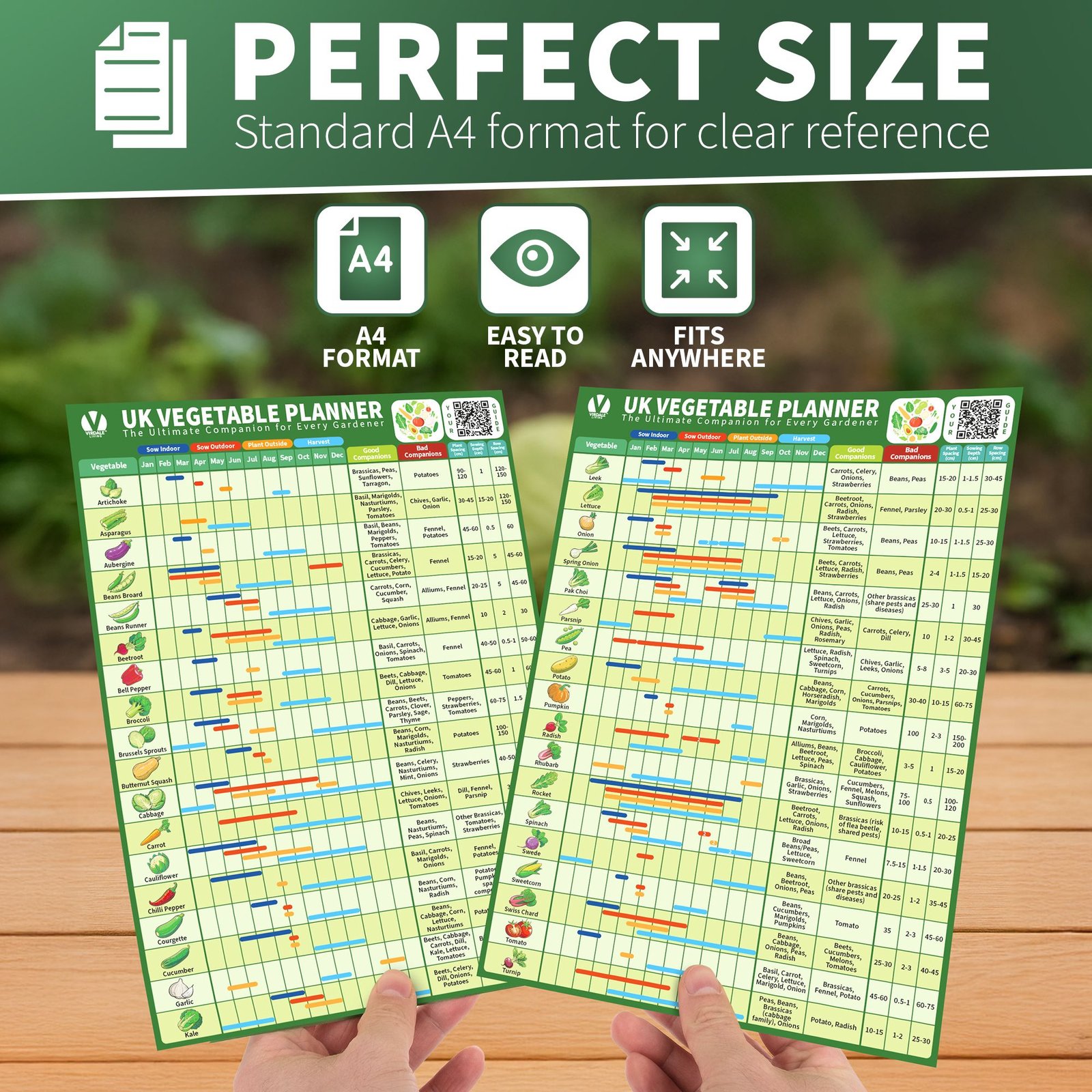 Dimensions image of the Virdale UK Vegetable Planner showing the full layout and size of the two A4 reference sheets.