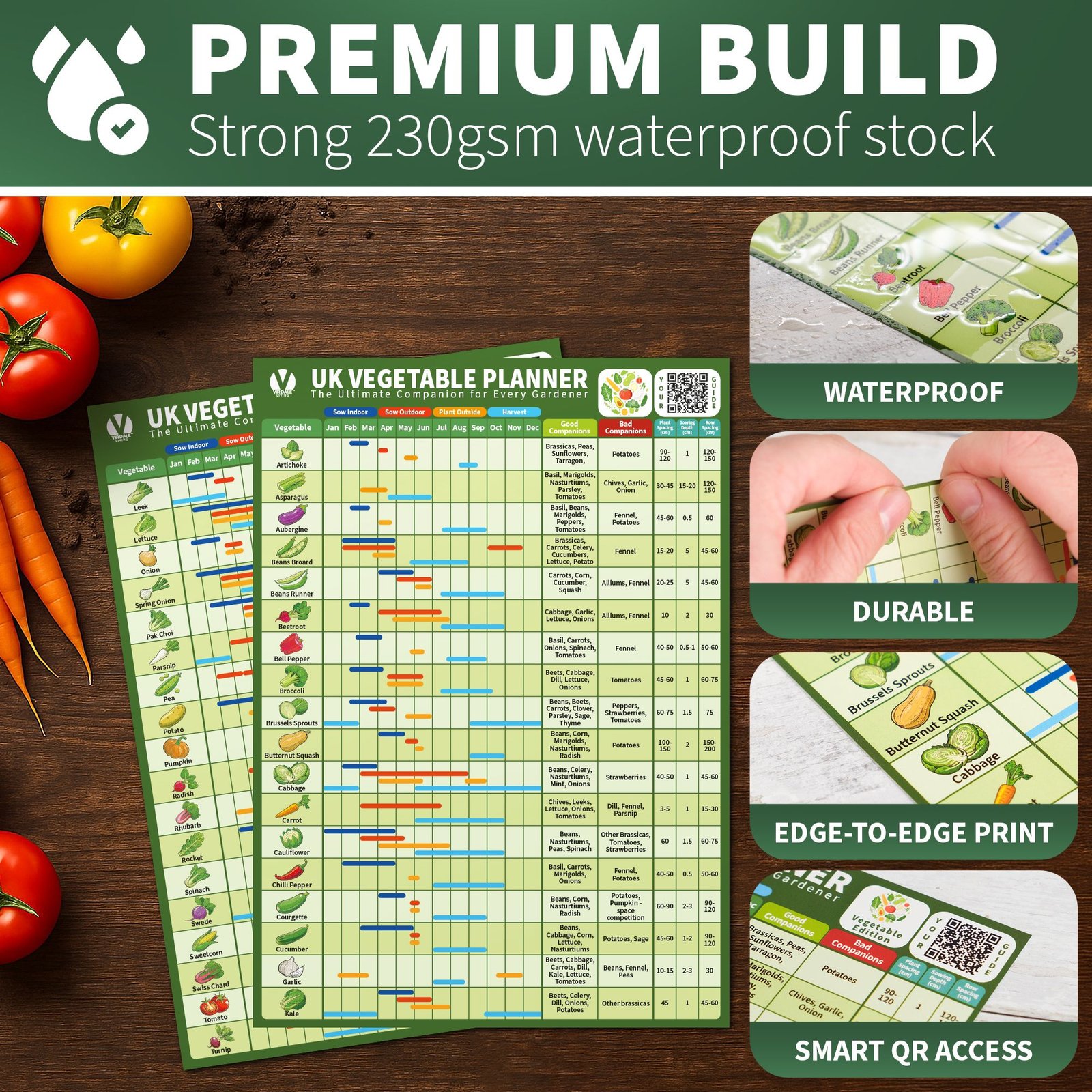 Close-up infographic of the Virdale UK Vegetable Planner showing monthly sowing, planting, and harvesting guidance.