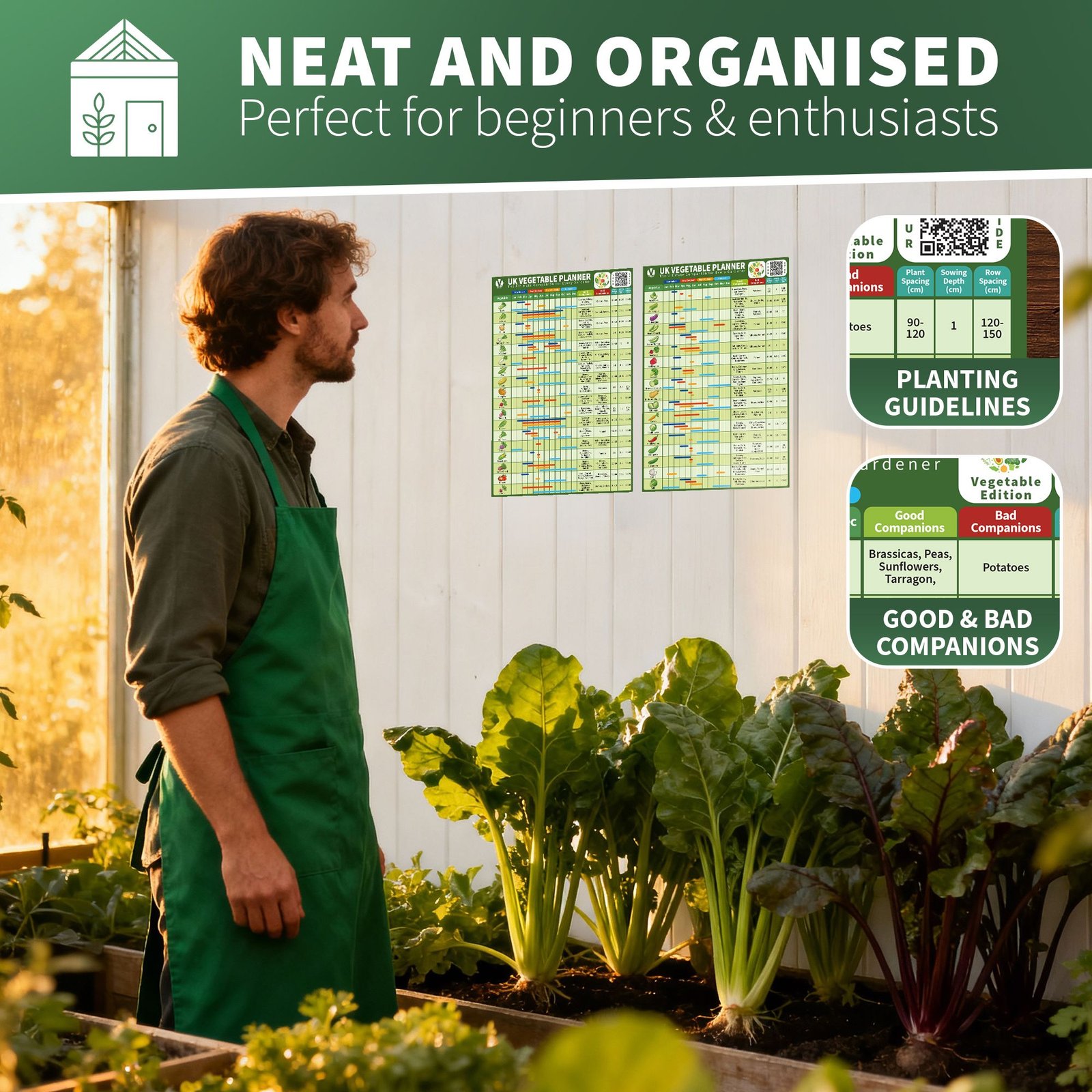 Lifestyle photo of the Virdale UK Vegetable Planner displayed in a kitchen next to indoor plants, with a person viewing the planner.